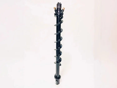A close-up photo of a black Digga auger bit lying on a white background. The bit has a black, spiral-shaped shaft with two red cutting wings.